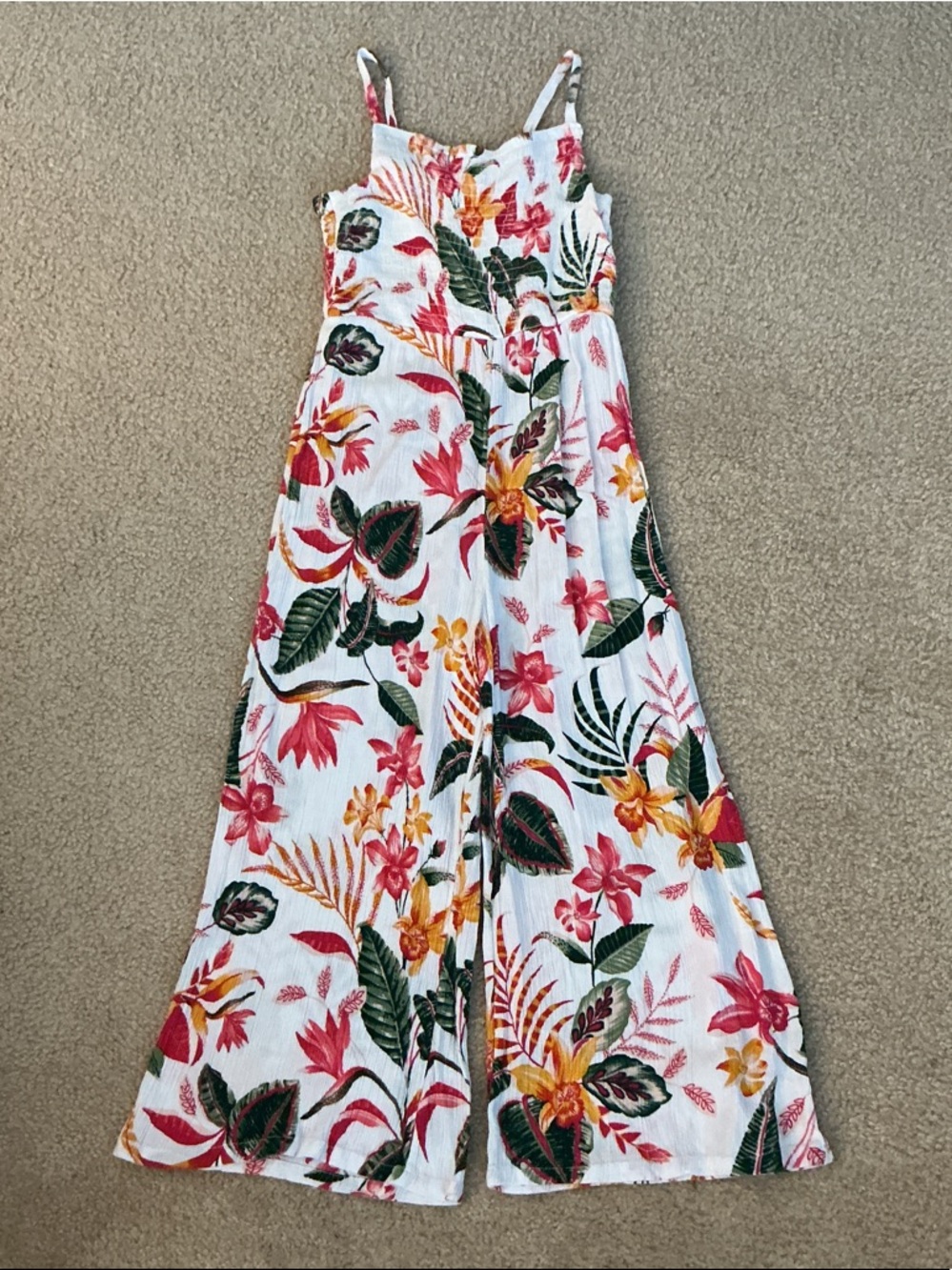 Old Navy White Floral Tropical Jumpsuit with Pink, Yellow & Green Print